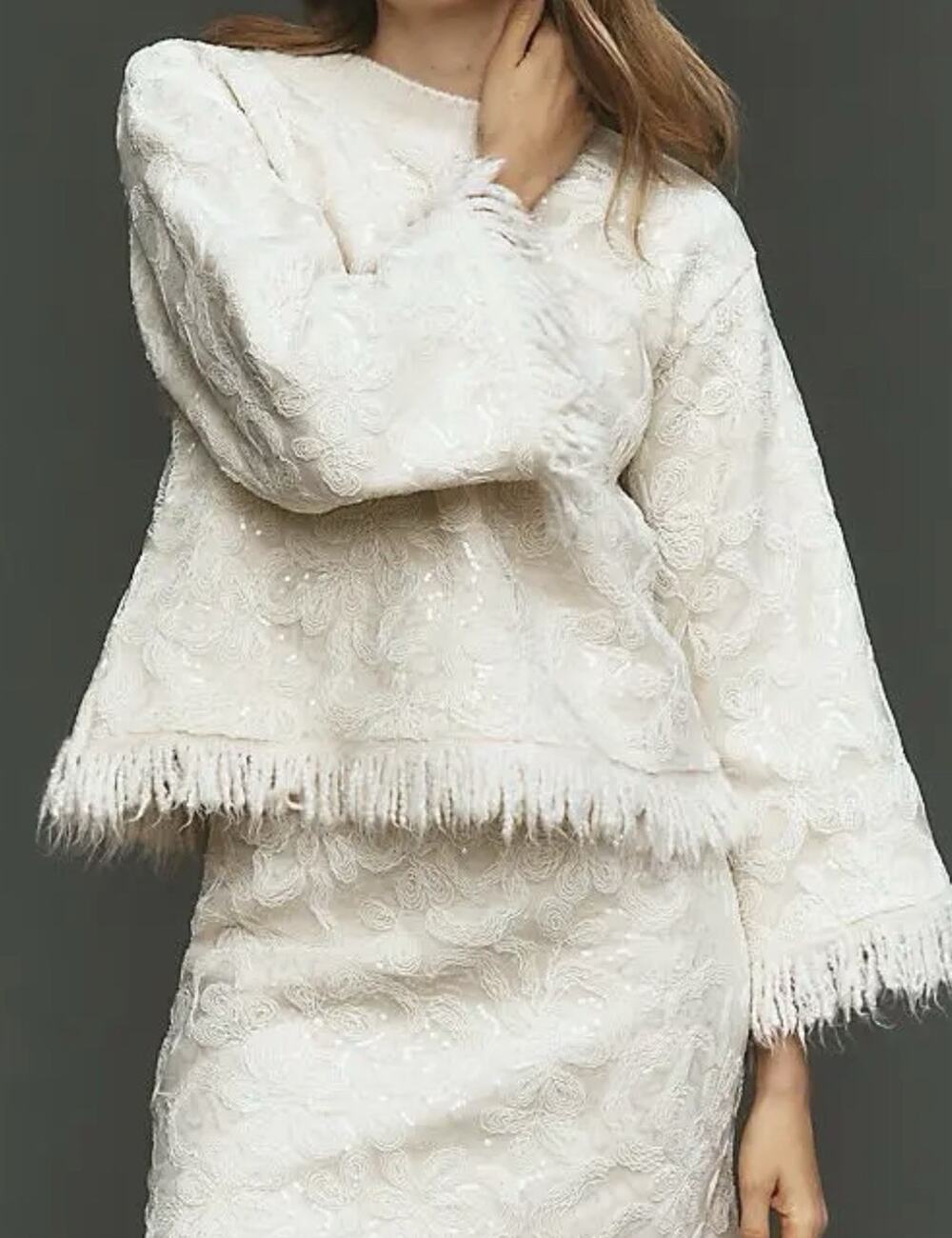 Anthropologie Shimmer Fringe Boxy Long Sleeve Top Embroidered Sequin White S NEW